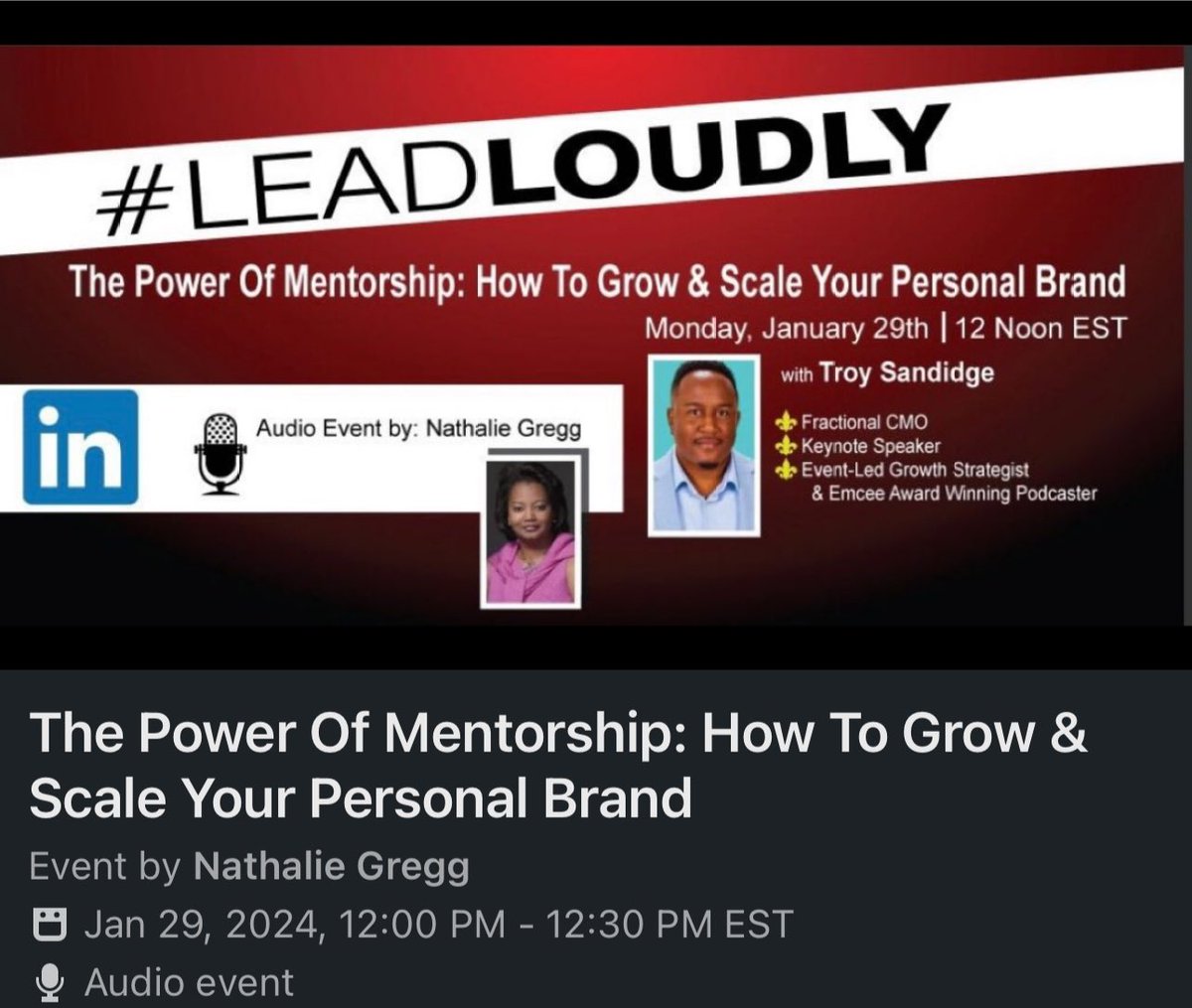📣The Power Of Mentorship: How To Grow & Scale Your Personal Brand 📣

A LinkedIn LIVE Audio 🔴 with @NathalieGregg happening at the top of the hour!

🎙️ linkedin.com/events/thepowe…

#LeadLoudly