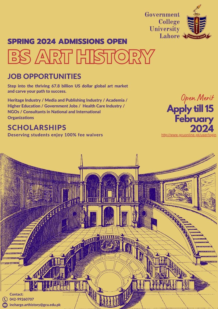 Spring 2024 Admissions Now Open for BS Art History at GCU, Lahore! 
Journey through the epochs of art. 

Last Date to apply 15 February.

#GCUArtHistory #Spring2024