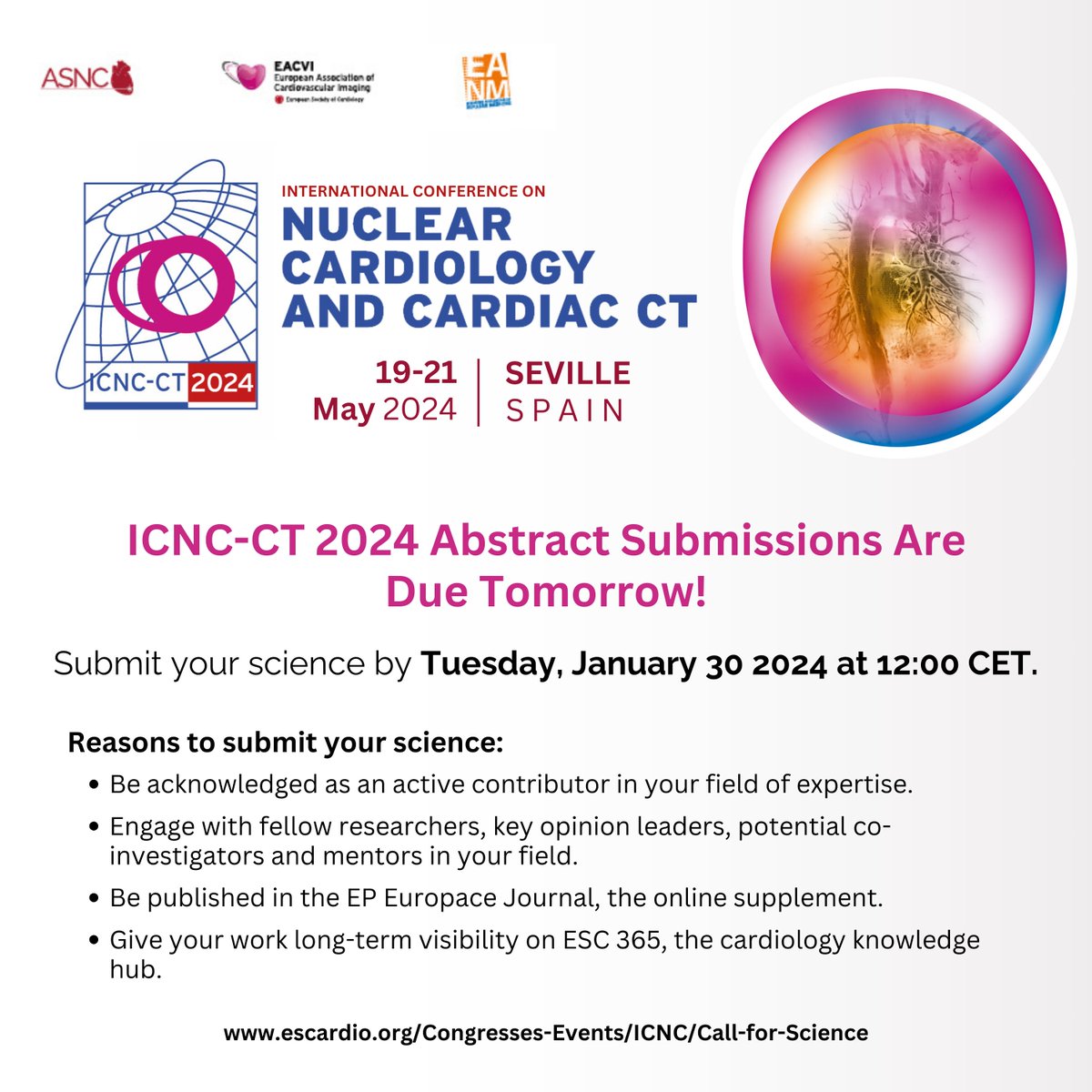 📢Reminder: #ICNCCT2024 Abstracts are due TOMORROW! Don't miss out on this opportunity to:
🔬 Showcase your expertise 
🤝 Connect w/ researchers & mentors 
📚 Get published in EP Europace Journal 
🌐 Gain long-term visibility on ESC 365

Submit 👉 bit.ly/490e5o1 
 #CVNuc