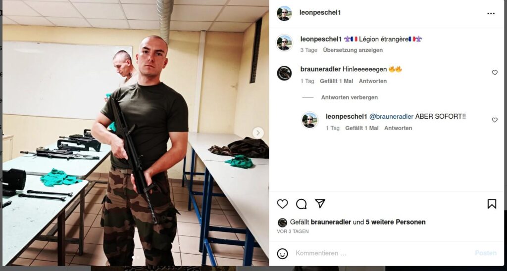 Teil von 'Brauner Adler' war auch ein 'Matthias' bzw. 'Leon Peschel' aus #HalleSaale, der nach seinen Fotos in der französischen Fremdenlegion diente. Bei seinem Rückzug von Social Media verkündete er, er wolle wiederkommen, wenn die „Messer gewetzt“ werden. #extremeSicherheit