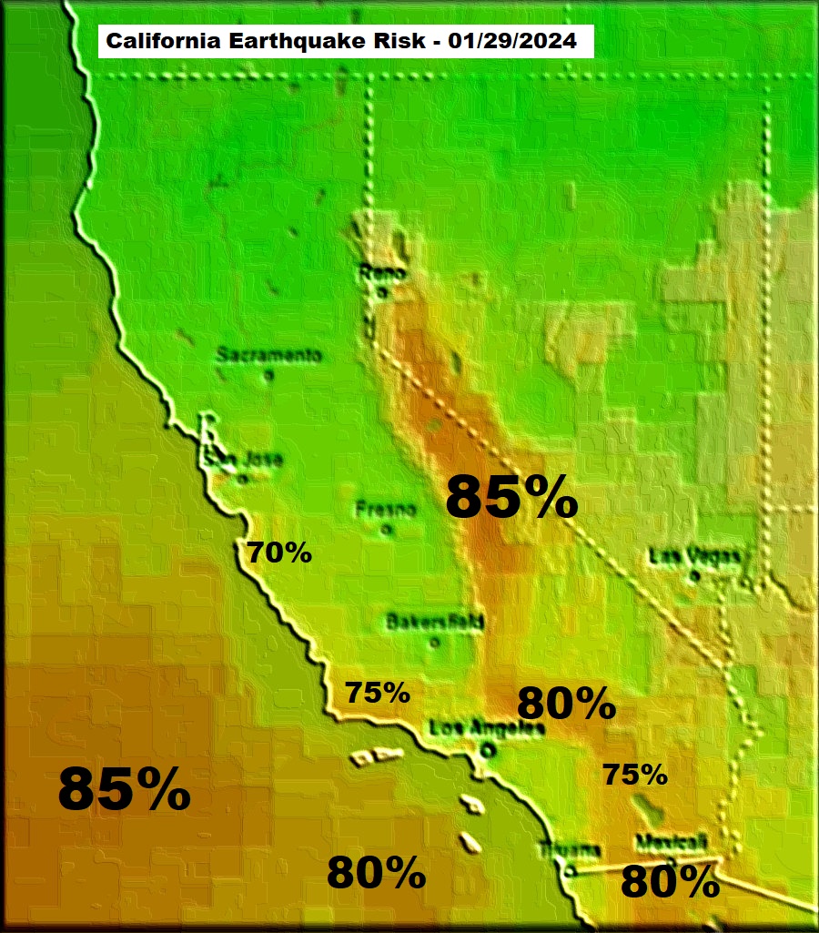 Quakeprediction's tweet image. WARNING: Critical alert for California ! A MAJOR earthquake (6.5+) is highly likely 02/01 to 02/02. Stay vigilant, prepare your emergency kits, and prioritize safety. - See today's forecast compared to 02/02/2024 -   quakeprediction.com/Los%20Angeles%…