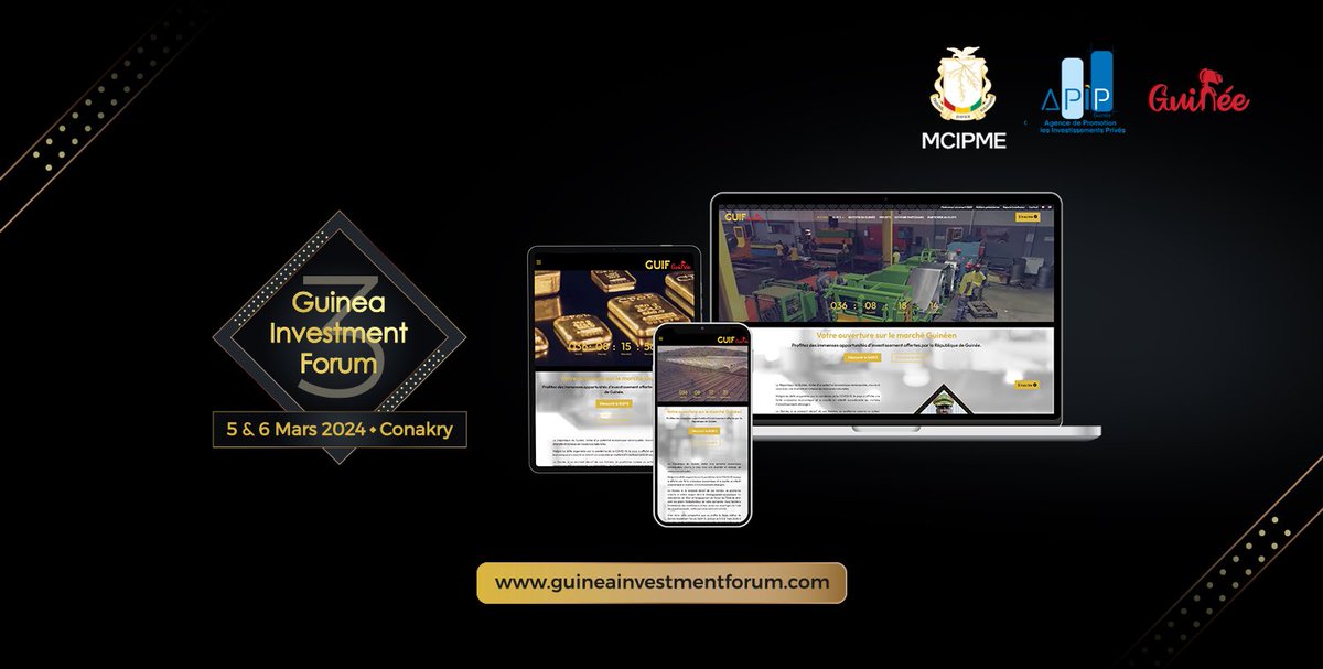 Invest_in_Gn's tweet photo. Nous nous rapprochons de la troisième édition du 𝐆𝐮𝐢𝐧𝐞𝐚 𝐈𝐧𝐯𝐞𝐬𝐭𝐦𝐞𝐧𝐭 𝐅𝐨𝐫𝐮𝐦 (GUIF 3).
Pour tout savoir sur le 𝐆𝐔𝐈𝐅 𝟑, nous vous invitons à consulter notre site web dédié, pour toutes les informations essentielles👇🏾https://t.co/s1ZL47p4da
#GUIF3 #Guinée https://t.co/GbWHDEAm94