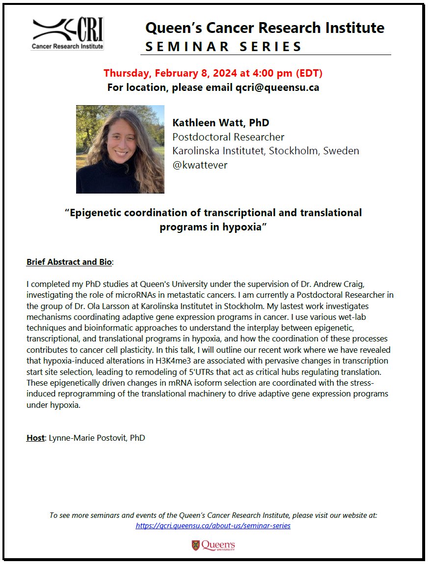 QueensuSCRI's tweet photo. Excited to announce the next speaker in our @QueensCRI seminar series. @kwattever of @karolinskainst (formerly of @AndrewWCraig lab) will be presenting next week! For details, please email qcri@queensu.ca @DbmsTweets #CancerResearch https://t.co/OLKkrIinIj