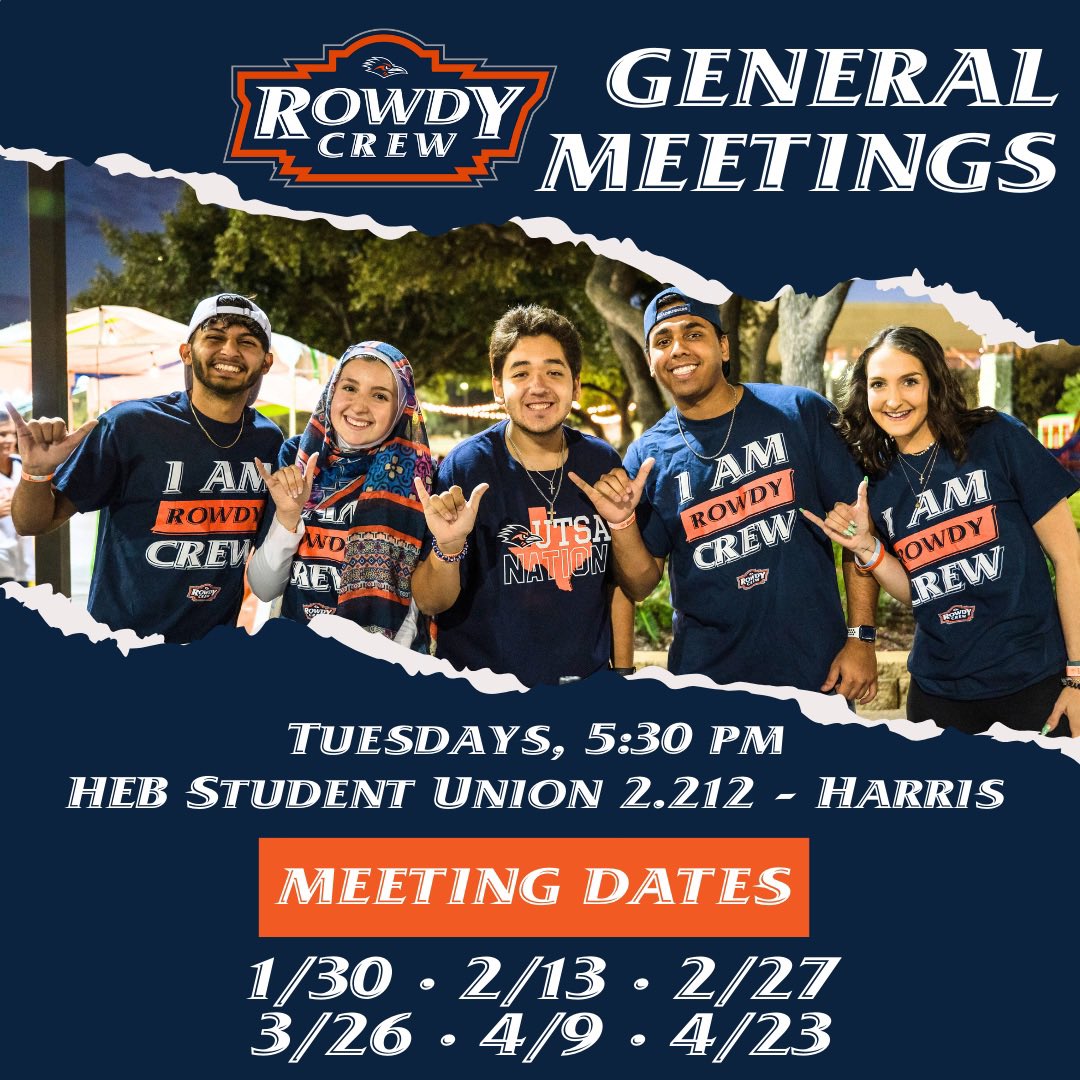 Hey Roadrunners’ we can’t wait to get Rowdy with you!!! 🧡💙
• 
Join us on Tuesdays at 5:30 PM in the HEB Student Union - Travis Room to aid us in increasing the UTSA spirit, pride, and traditions on campus! 
•
#GetInvolved #UTSA #RowdyCrew