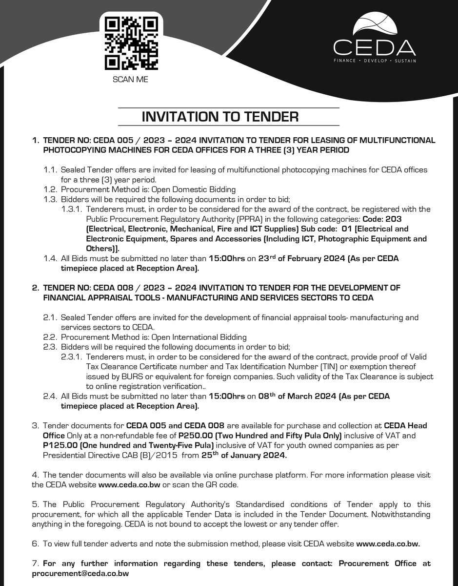 etenderbotswana's tweet photo. @CEDA_BW Tender Opportunities  https://t.co/bdegfdryyO

#Botswana #tenders #etender #pushabw #etenderbotswana https://t.co/pDi54IS5C3
