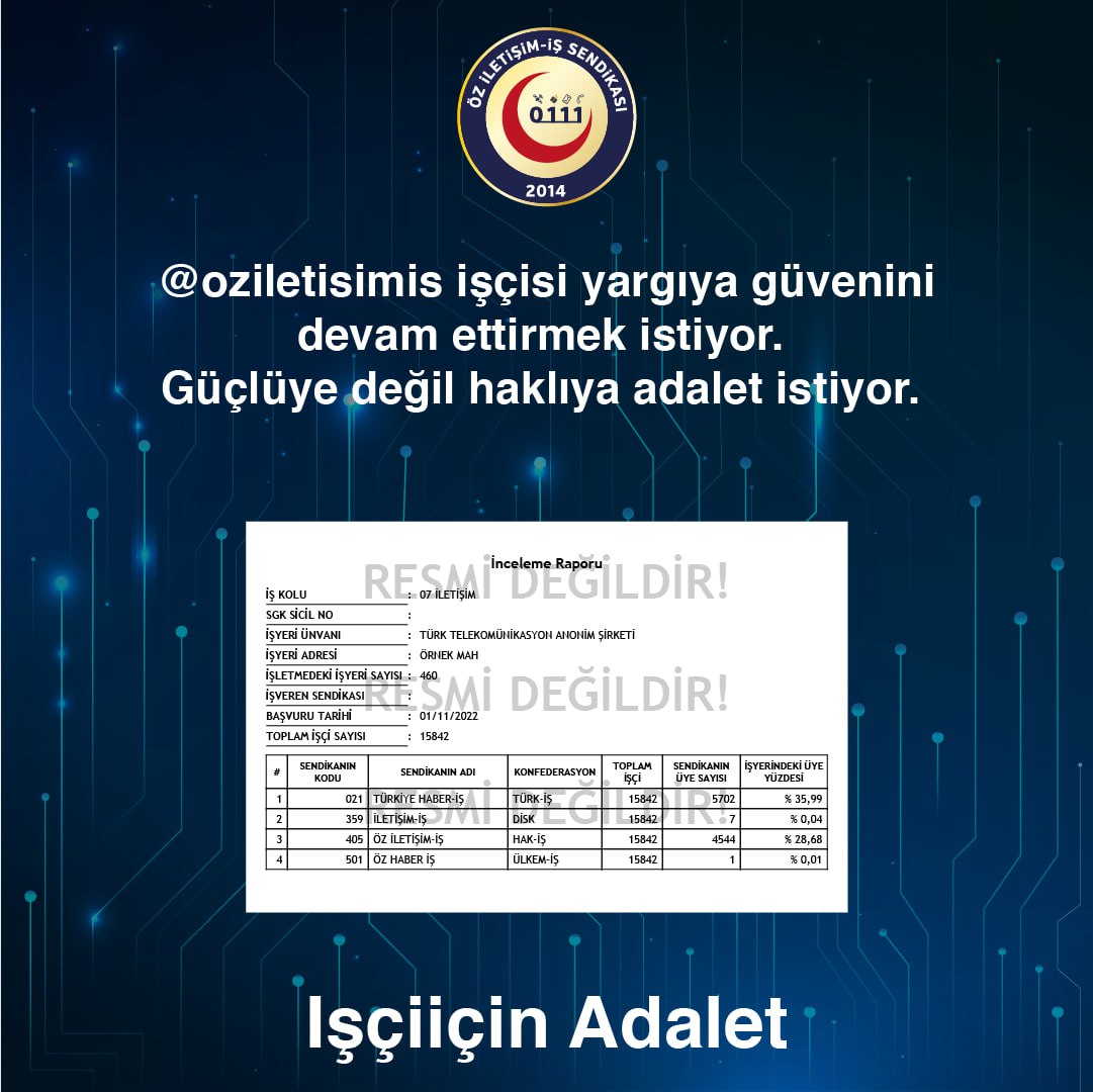 #isciicinadalet
 <a href="/oziletisimis/">Öz İletişim-İş</a> işçisi yargıya güvenini devam ettirmek istiyor. Güçlüye değil haklıya adalet istiyor. <a href="/tcbestepe/">T.C. Cumhurbaşkanlığı</a> <a href="/csgbakanligi/">T.C. Çalışma ve Sosyal Güvenlik Bakanlığı</a> <a href="/UABakanligi/">T.C. Ulaştırma ve Altyapı Bakanlığı</a> <a href="/a_uraloglu/">Abdulkadir URALOĞLU</a> <a href="/yilmaztunc/">Yılmaz TUNÇ</a>