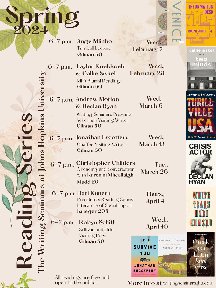 Please join us for the Spring 2024 Reading Series, featuring Ange Mlinko, Taylor Koekkoek, Callie Siskel, Andrew Motion, Declan Ryan, Jonathan Escoffery, Christopher Childers, Hari Kunzru, and Robyn Schiff. All events are free and open to the public.