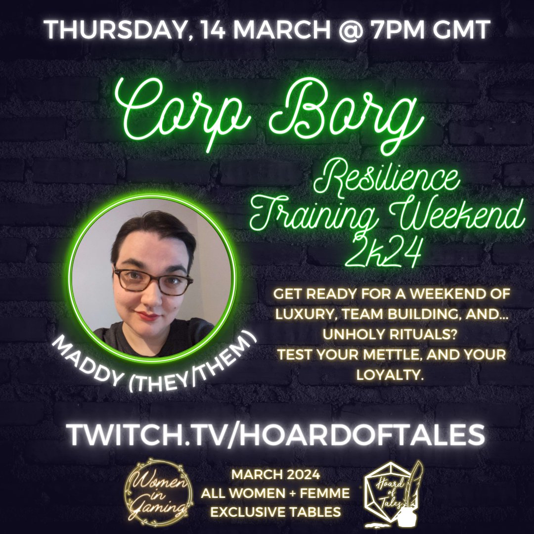 CORP BORG by <a href="/pawelkicman/">Pawel Kicman</a> mirrors the ruthlessness of the corporate world and then ramps it up to 100. @maddyisabstract (of @SnazzyTapir and cast of <a href="/RealmsPod/">Realms of Peril & Glory</a>) will surely be gentle. Maybe. Happening 14 March

(for real though, Maddy's a kickass &amp; genuinely kind person)