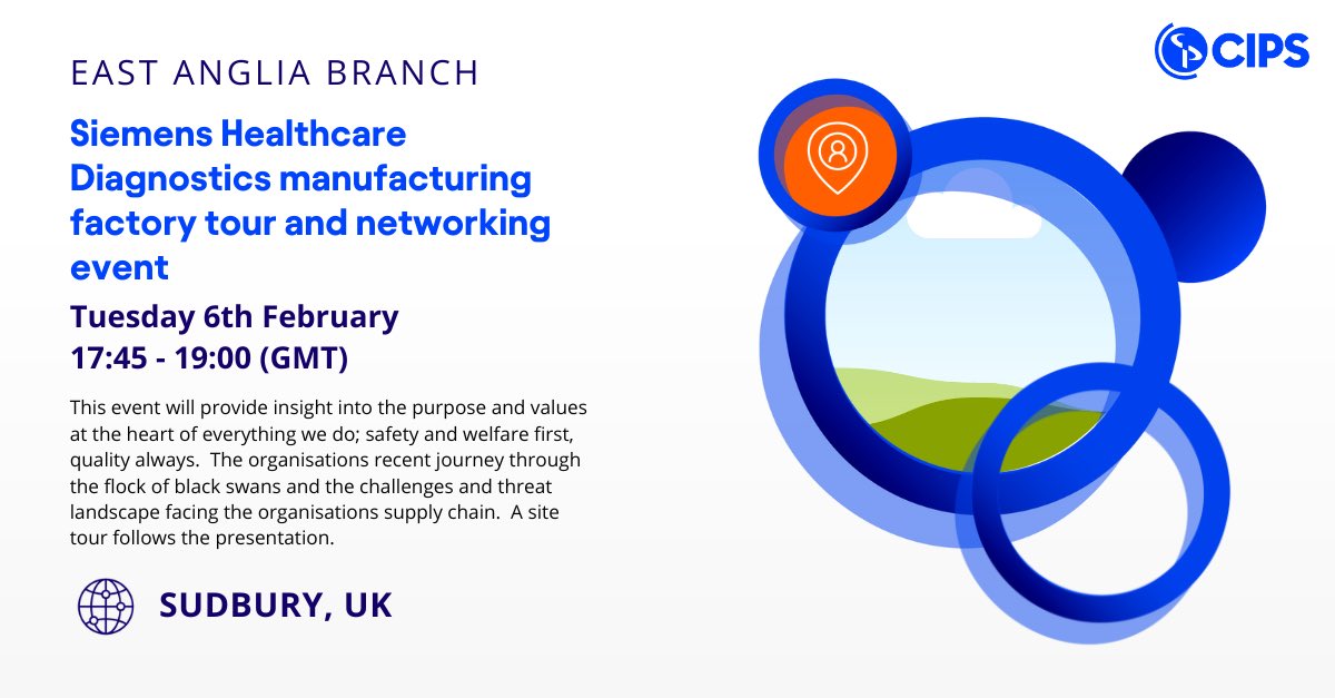 CIPSEastAnglia's tweet photo. Procurement professionals - gain valuable insights into effective supply chain strategies &amp; solutions at Siemens Healthcare Diagnostics, Sudbury. Join us for a tour &amp; session with Chris Meayers-Norkett - Head of Supply Chain. Book here: https://t.co/M5Ju19SJUX https://t.co/Ez3IFOuDrN
