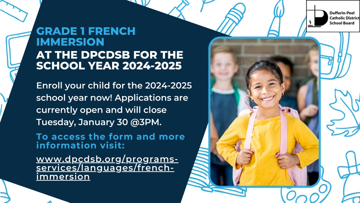 Interested in enrolling your child in #DPCDSB's Grade 1 French Immersion program? Our online application form for the 2024-2025 school year is open until tomorrow, Tuesday, January 30 at 3 pm.

➡For more information and to apply, visit: dpcdsb.info/Grade1FrenchIm…