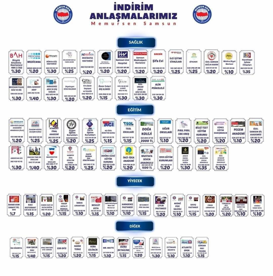 Siz değerli üyelerimiz için yapmış olduğunuz indirim anlaşmalarımız...

#yaparsamemursenyapar