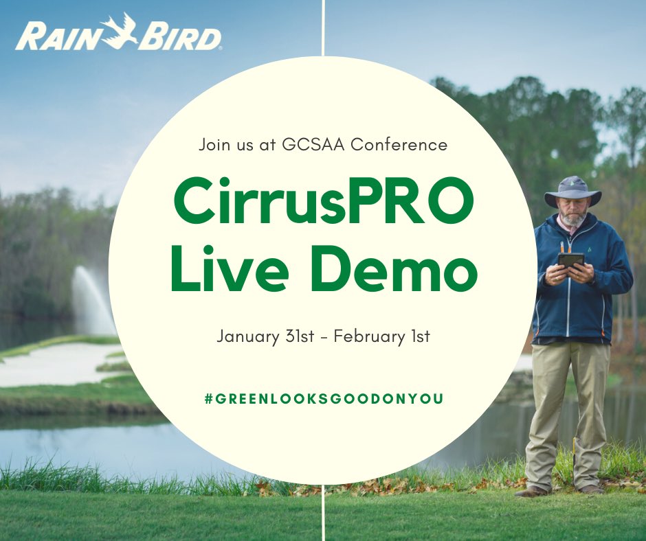 CooperTurf's tweet image. Join me at the #GCSAAConference! Visit Rain Bird's Booth #4639 for a live demo of CirrusPRO Central Control. Revolutionize your golf course management with our cutting-edge irrigation.
See you there!
go.rainbird.com/XEE
#GCSAA2024 #CirrusPRO