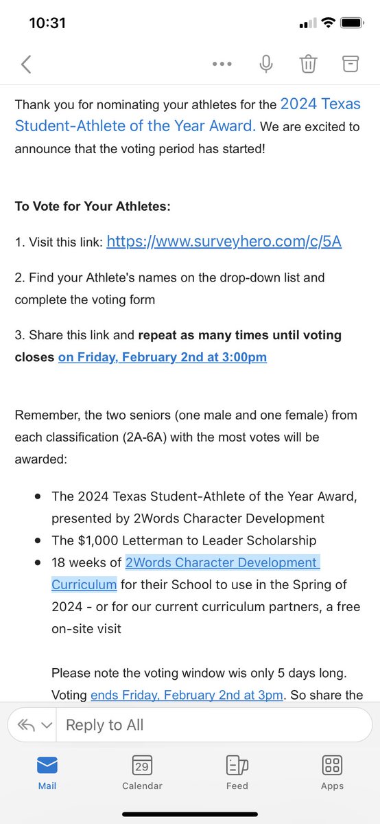 Crockett ECHS Athletics (@crockett_sports) on Twitter photo Please take a couple of minutes to vote for <a href="/CameronDickey5/">Cameron Dickey</a> & Ryan Trevino, to win the 5A 2024 Texas Student-Athlete of the Year Award (along with a $1000 scholarship)!!! Voting continues through Friday (2/2). You can vote as often as you’d like.
linkprotect.cudasvc.com/url?a=http%3a%… Please take a couple of minutes to vote for <a href="/CameronDickey5/">Cameron Dickey</a> & Ryan Trevino, to win the 5A 2024 Texas Student-Athlete of the Year Award (along with a $1000 scholarship)!!! Voting continues through Friday (2/2). You can vote as often as you’d like.
linkprotect.cudasvc.com/url?a=http%3a%…