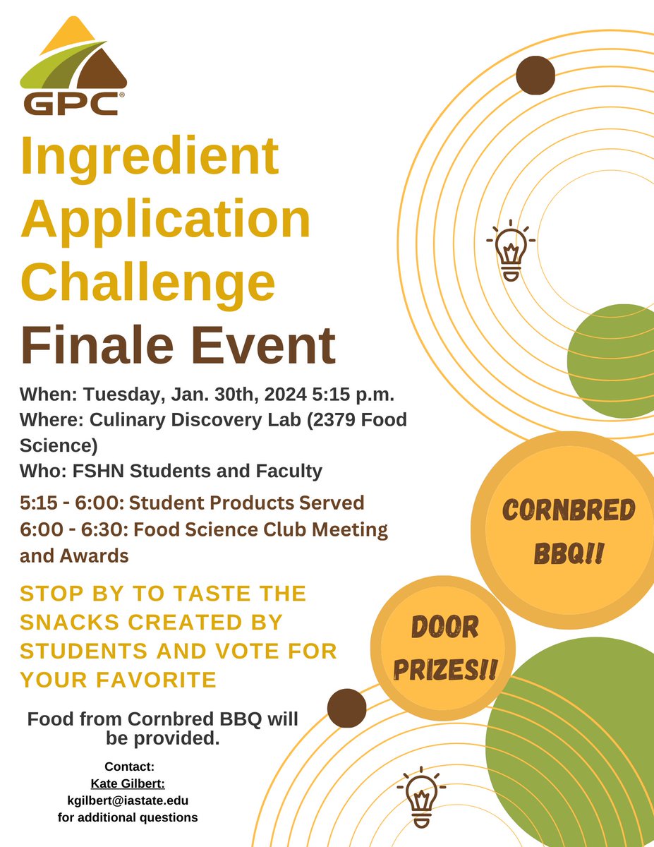 Stop by the Culinary Discovery Lab in 2379 Food Science on Tuesday night from 5:15 to 6 p.m. and taste the snacks created by students in the GPC Ingredient Challenge - vote for your favorite!