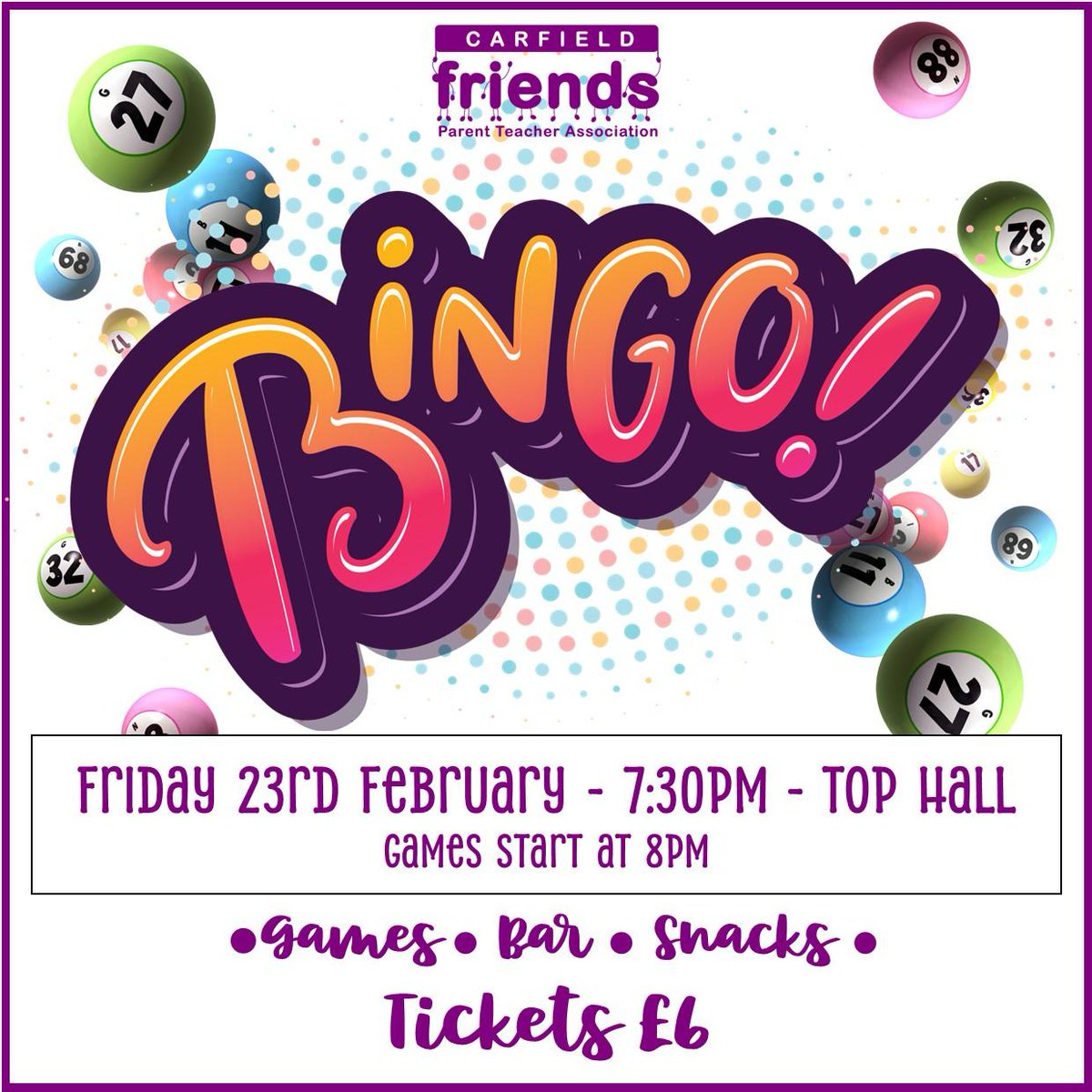 Book onto our social evening for grown ups on Fri 23 Feb with 8 rounds of bingo; not all of them as you'd expect! Prizes for each round; a line or full house. There will also be a fully stocked bar and snacks. Visit pta-events.co.uk/carfieldfriends to purchase tickets. <a href="/CarfieldPrimary/">Carfield Primary Sch</a>