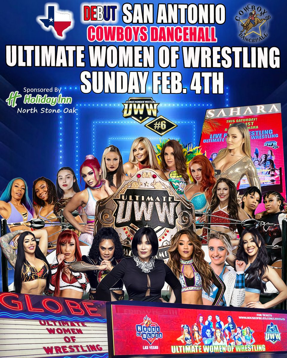 SAN ANTONIO Get Ready! This coming Sunday Feb. 4th at the legendary Cowboys Dancehall, Ultimate Women Of Wrestling makes it Texas debut! Don’t miss this action packed event filled with “In Your Face Smash Mouth Wrestling” followed by an over the top After Show Party featuring