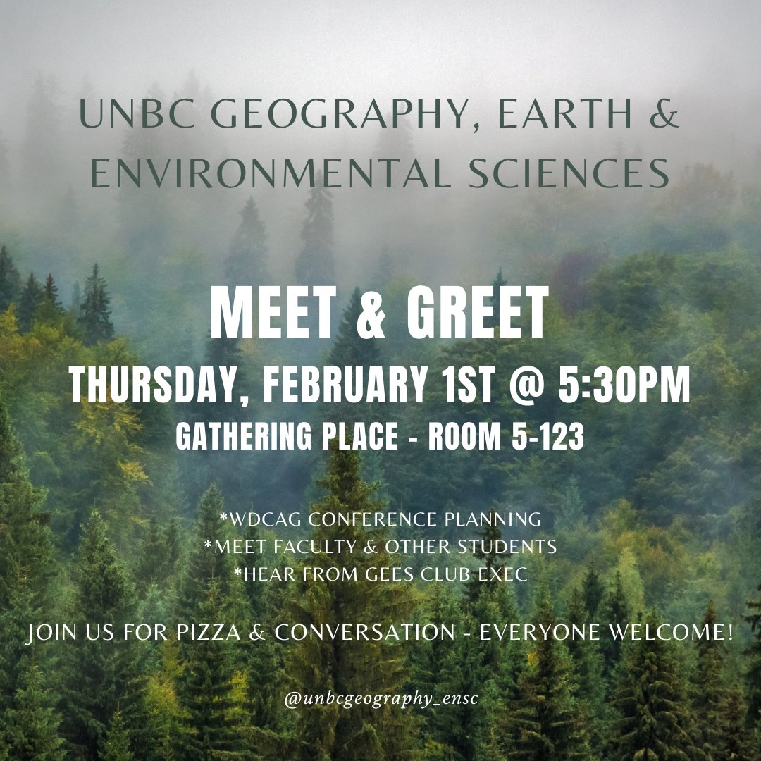 ✳️ We invite all students in our courses & those interested in learning about our Department to join us for our annual Meet & Greet gathering.

Updates on:
* our annual road trip to the @WDGeog - this year in Kelowna, March 15-17
* GEES Student Club activities
* field schools