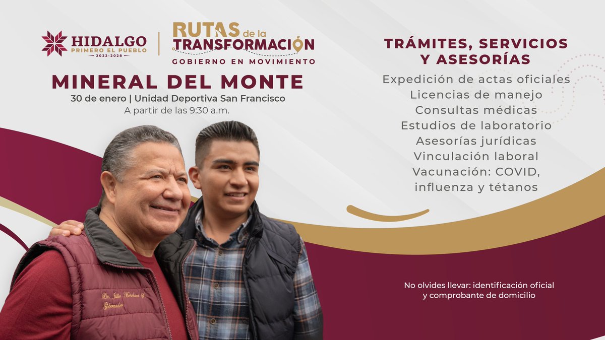 gobiernohidalgo's tweet photo. ¡Únete a las #RutasDeLaTransformación con el gobernador @juliomenchaca_ en #MineralDelMonte! 

El Gobierno de Hidalgo te brinda trámites, servicios y asesorías de manera cercana y accesible.

🗓 Martes 30 de enero
⌚ A partir de las 9:30 AM
📍 Unidad Deportiva San Francisco https://t.co/qVh6EZo4vQ