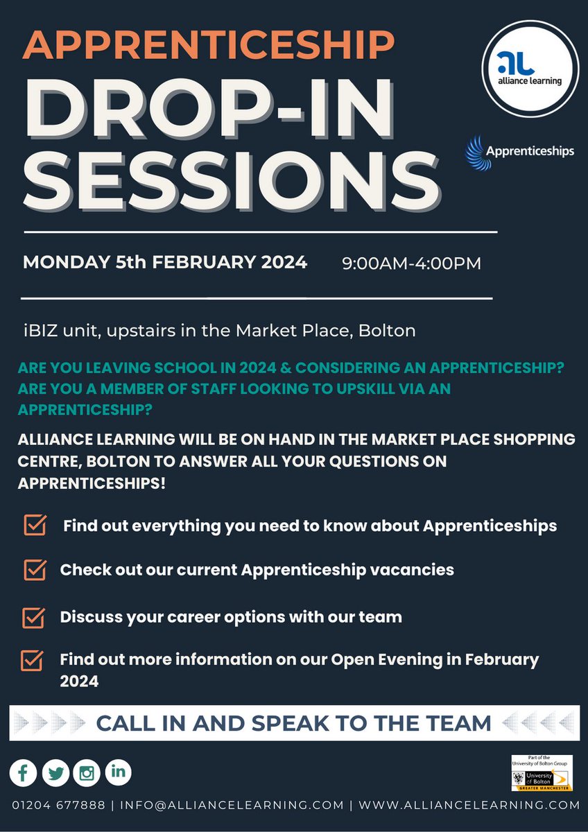 Our team will be present at Market Place, Bolton, on Monday 5th February 2024!

You can have a chat with them to discover more about Apprenticeships at Alliance Learning. 

#Apprenticeships #SkillsForLife #careers #Engineering #Business #Bolton #BoostingBolton