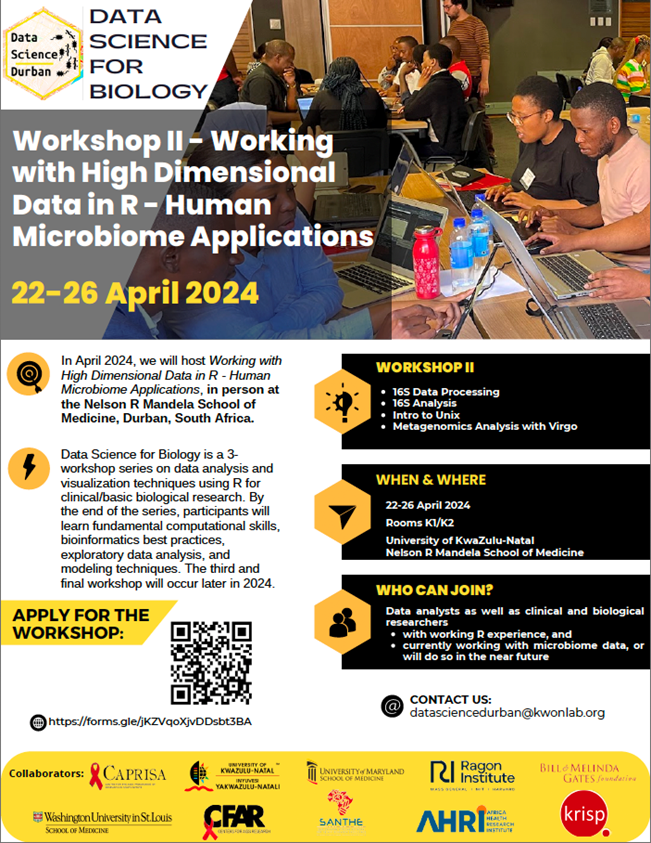 APPLY BY 18 FEB for our R WORKSHOP exploring working with high dimensional data in R for human microbiome applications such as 16S data processing, 16S analysis & practical considerations for clinical research - April 22- 26, 2024 in Durban, RSA. docs.google.com/forms/d/e/1FAI…