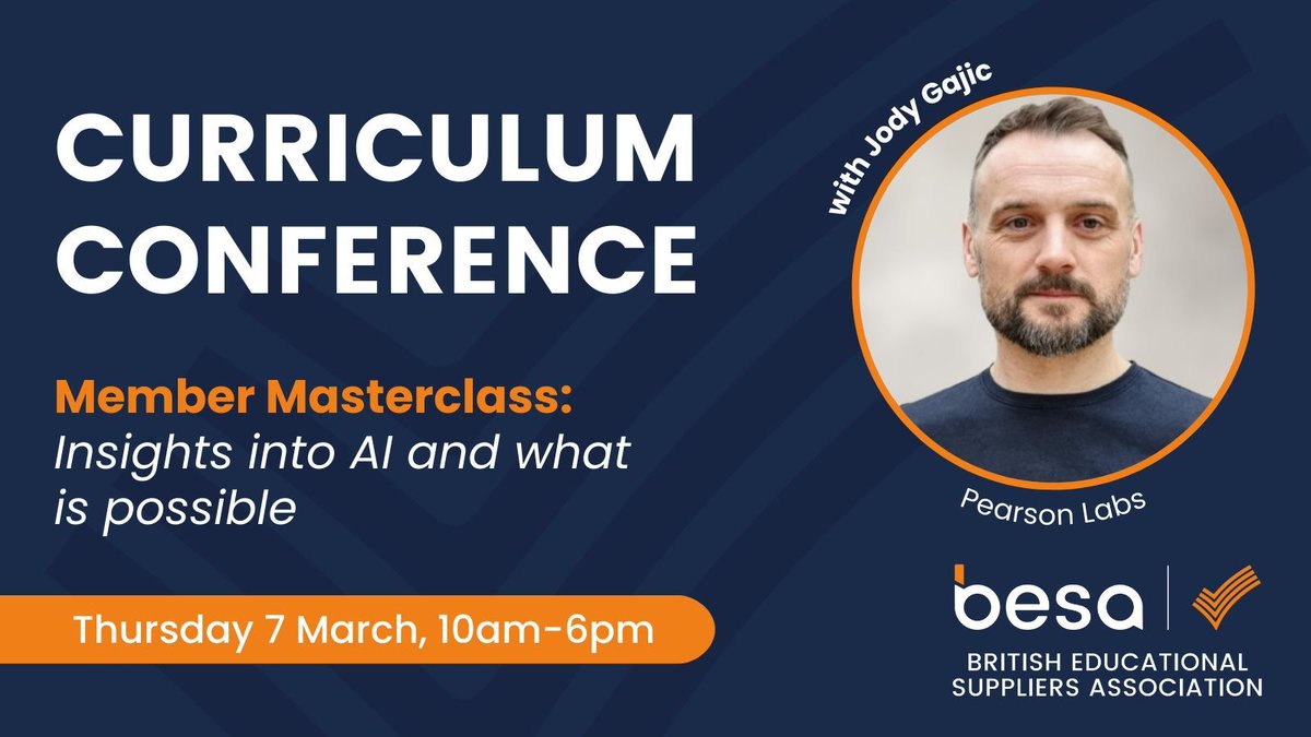 besatweet's tweet photo. Gain insights into AI and what is possible, and explore developing resources for teaching and learning, with @JodyGajic, Director, @Pearson Labs, at BESA's Curriculum Conference in March.
Book your place: https://t.co/8weQk16dV7 #CurriculumConference #AIinEducation https://t.co/MzsUdYu9RQ
