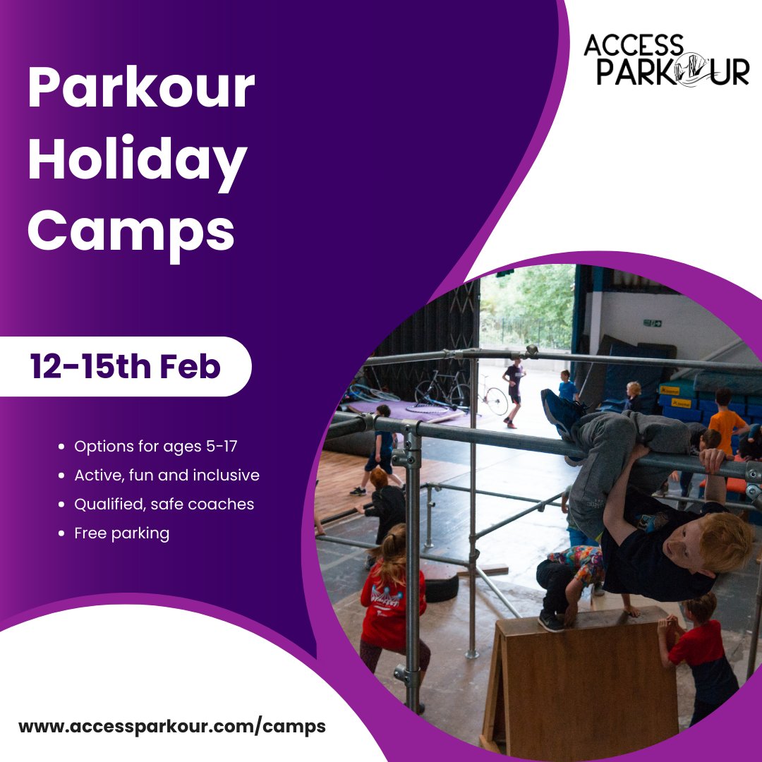AccessParkour's tweet photo. Don't forget, our parkour holiday camps start two weeks today! A place to be yourself, learn new skills, and make some new pals. Grab a spot for your wee one (or not so wee one!) by heading to our website or the link in our bio. https://t.co/UmgZFhUPmv
