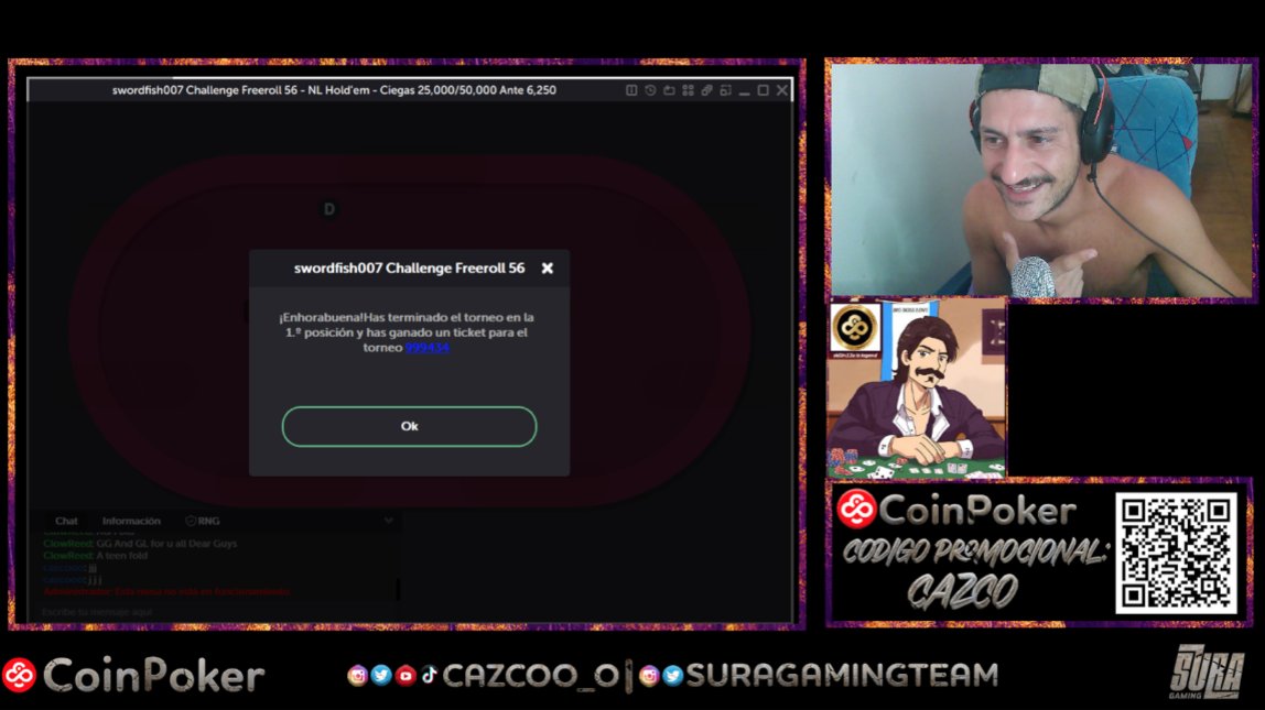 CoinPoker_OFF's tweet image. 🔥 Our streamer @cazcoo_o won the #Swordfish freeroll challenge #56 🔥  
Keep it up! 👊
5⃣players will win a ₮1000 entry. 
🤑 You too can secure your spot by competing in our daily @swordfish007  Challenge Freerolls.
ℹ️ coinpoker.com/tournament/swo…
#CoinPoker #CryptoPoker