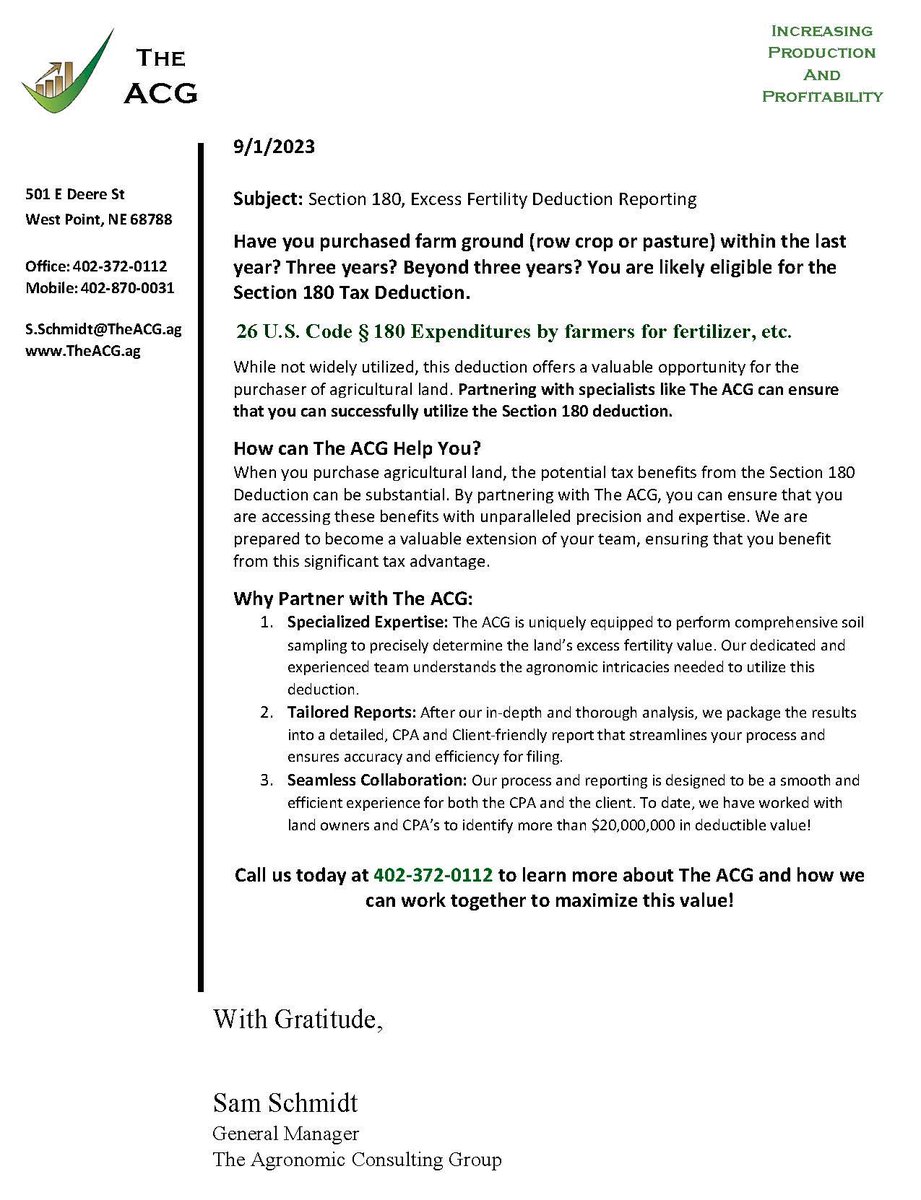 Have you purchased land recently?
You are likely eligible for the Section 180 Excess Fertility Tax Deduction. Contact The ACG today to learn how we can help you capitalize on this tax deduction!