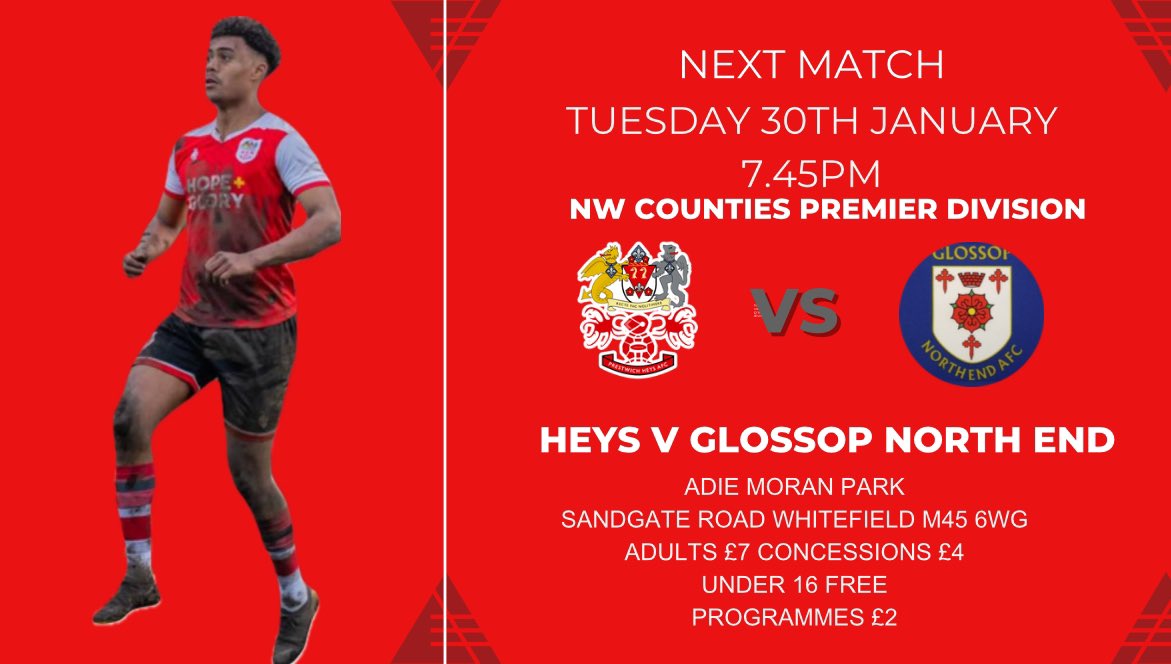 Heys host <a href="/GlossopNorthEnd/">Glossop North End</a> tomorrow night in the <a href="/nwcfl/">The NWCFL ⚽️</a> Premier Division (7.45pm) Our preview and all the match information is now on our website prestwichheys.com/teams/11752/ma…