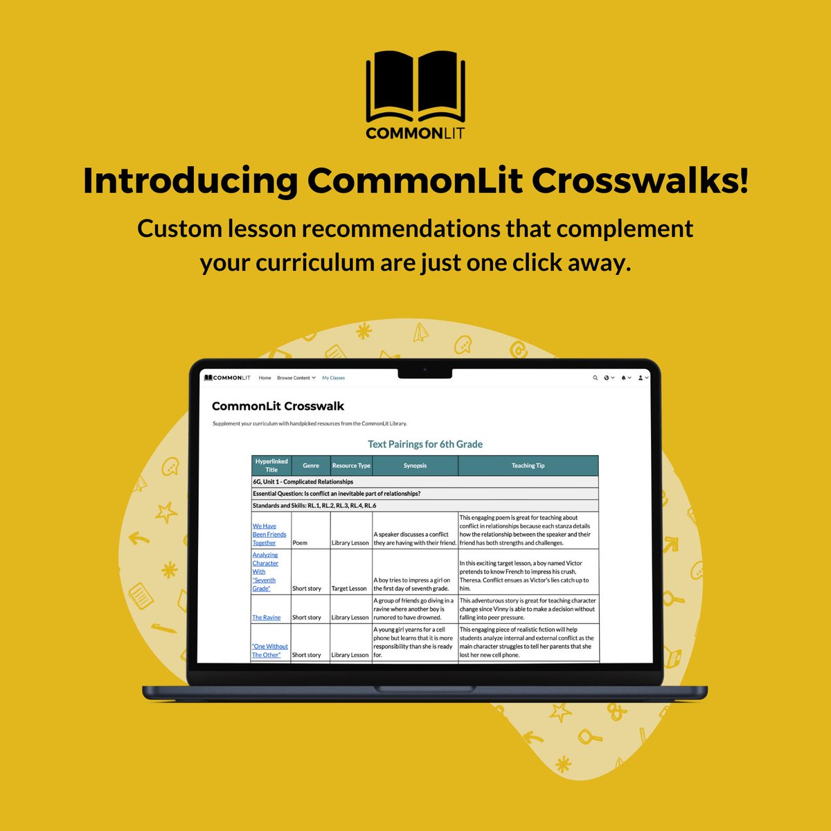 Introducing CommonLit Crosswalks! ✏️ Calling all admin: are you looking for resources to enhance your current curriculum? Get a customized plan with hand-picked lessons tailored to your instructional goals. Learn more: commonlit.org/en/crosswalks