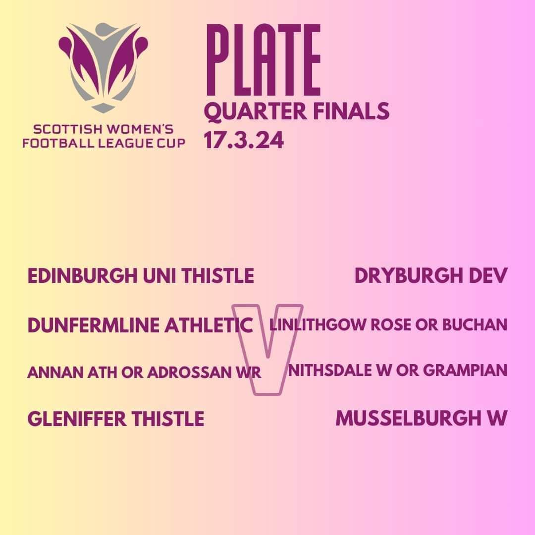 Quarter finals of League Plate made earlier today. The winners of our tie away to @annanladiesfc this Sunday will be at home to either Nithsdale Wanderers or @FcGrampian on 17/03/24. ⚫️⚪️🔴 #monthewinton