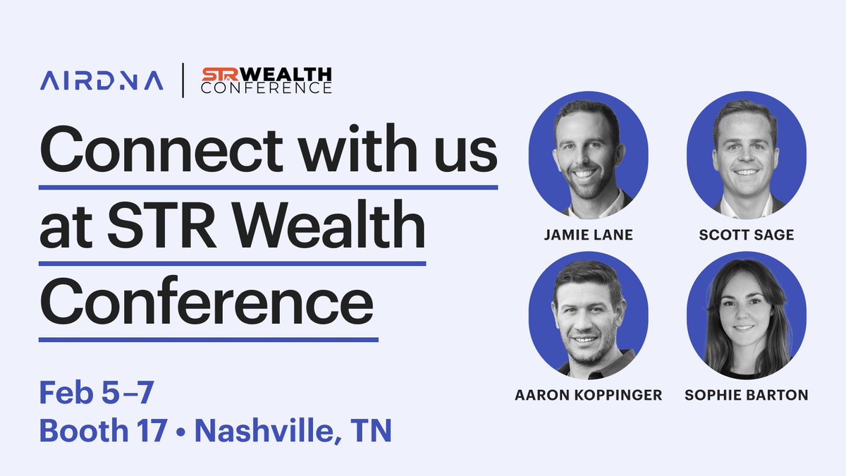 airdna's tweet image. Will we see you in Nashville at #STRWealthConference next week? Stop by Booth 17 to connect with our incredible team and don&apos;t forget to catch @jamie_lane&apos;s session on navigating the 2024 short-term rental landscape.