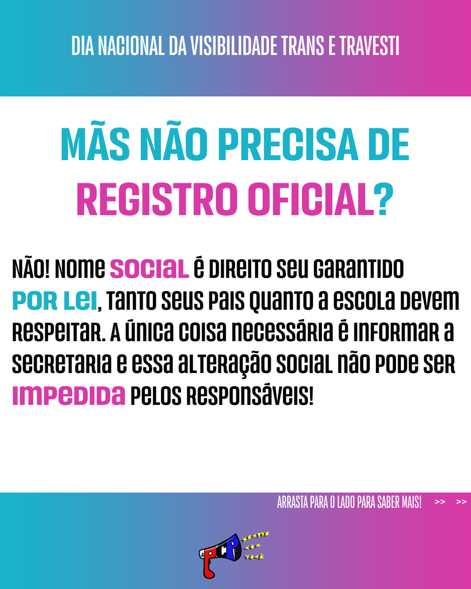 pcp_poli's tweet photo. 🏳️‍⚧️ NOME SOCIAL É DIREITO DE TODES!

Você sabia que ser chamado pelo seu nome social na escola e nos espaços públicos é dever e obrigação de todes ali presentes? Pois é! Isso se dá devido as leis do ECA, mas atenção, os nomes documentais não podem ser mudados. https://t.co/t4nLFtGtdy