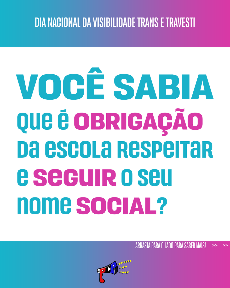 pcp_poli's tweet photo. 🏳️‍⚧️ NOME SOCIAL É DIREITO DE TODES!

Você sabia que ser chamado pelo seu nome social na escola e nos espaços públicos é dever e obrigação de todes ali presentes? Pois é! Isso se dá devido as leis do ECA, mas atenção, os nomes documentais não podem ser mudados. https://t.co/t4nLFtGtdy