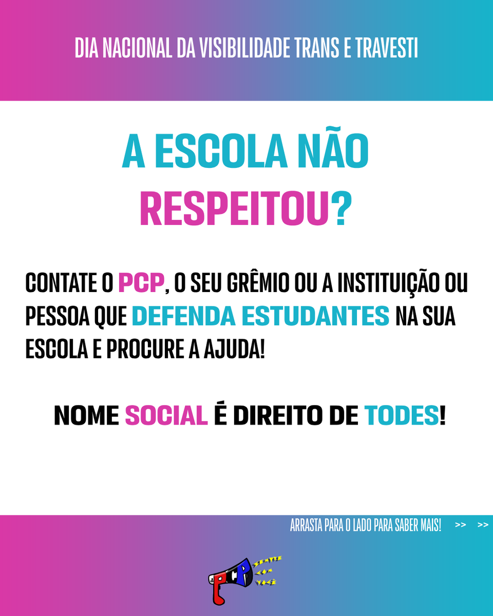 pcp_poli's tweet photo. 🏳️‍⚧️ NOME SOCIAL É DIREITO DE TODES!

Você sabia que ser chamado pelo seu nome social na escola e nos espaços públicos é dever e obrigação de todes ali presentes? Pois é! Isso se dá devido as leis do ECA, mas atenção, os nomes documentais não podem ser mudados. https://t.co/t4nLFtGtdy