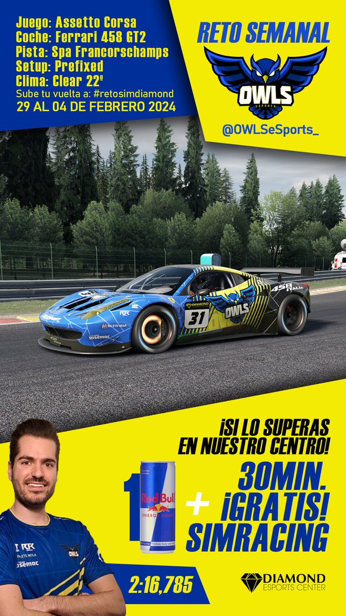 OWLS eSports 🦉🇪🇦 (@owlsesports_) on Twitter photo Damos la bienvenida a una nueva colaboración con <a href="/diamondEC_BCN/">Diamond Esports Center - Barcelona</a>
Donde una vez al mes tendréis un reto de nuestros búhos
Podéis intentar superar el crono en casa o en sus CENTROS
📍 Barcelona
📍 Madrid
No olvidéis subir la vuelta con el hashtag y etiquetarnos 🦉
#retosimdiamond Damos la bienvenida a una nueva colaboración con <a href="/diamondEC_BCN/">Diamond Esports Center - Barcelona</a>
Donde una vez al mes tendréis un reto de nuestros búhos
Podéis intentar superar el crono en casa o en sus CENTROS
📍 Barcelona
📍 Madrid
No olvidéis subir la vuelta con el hashtag y etiquetarnos 🦉
#retosimdiamond