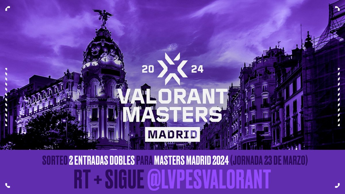 VALORANT Challengers Spain: Rising MediaMarkt (@lvpesvalorant) on Twitter photo ¿Quieres ir a ver la #VALORANTMasters en Madrid?
¡Sorteamos una entrada doble para el 23 de marzo, y puede ser tuya con estos pasos!
✅RT a este tweet
✅Seguir a <a href="/LVPesVALORANT/">VALORANT Challengers Spain: Rising MediaMarkt</a>
✅¡Tener un poco de suerte cuando demos el ganador mañana!
#VALORANTRising x MediaMarkt Intel ¿Quieres ir a ver la #VALORANTMasters en Madrid?
¡Sorteamos una entrada doble para el 23 de marzo, y puede ser tuya con estos pasos!
✅RT a este tweet
✅Seguir a <a href="/LVPesVALORANT/">VALORANT Challengers Spain: Rising MediaMarkt</a>
✅¡Tener un poco de suerte cuando demos el ganador mañana!
#VALORANTRising x MediaMarkt Intel
