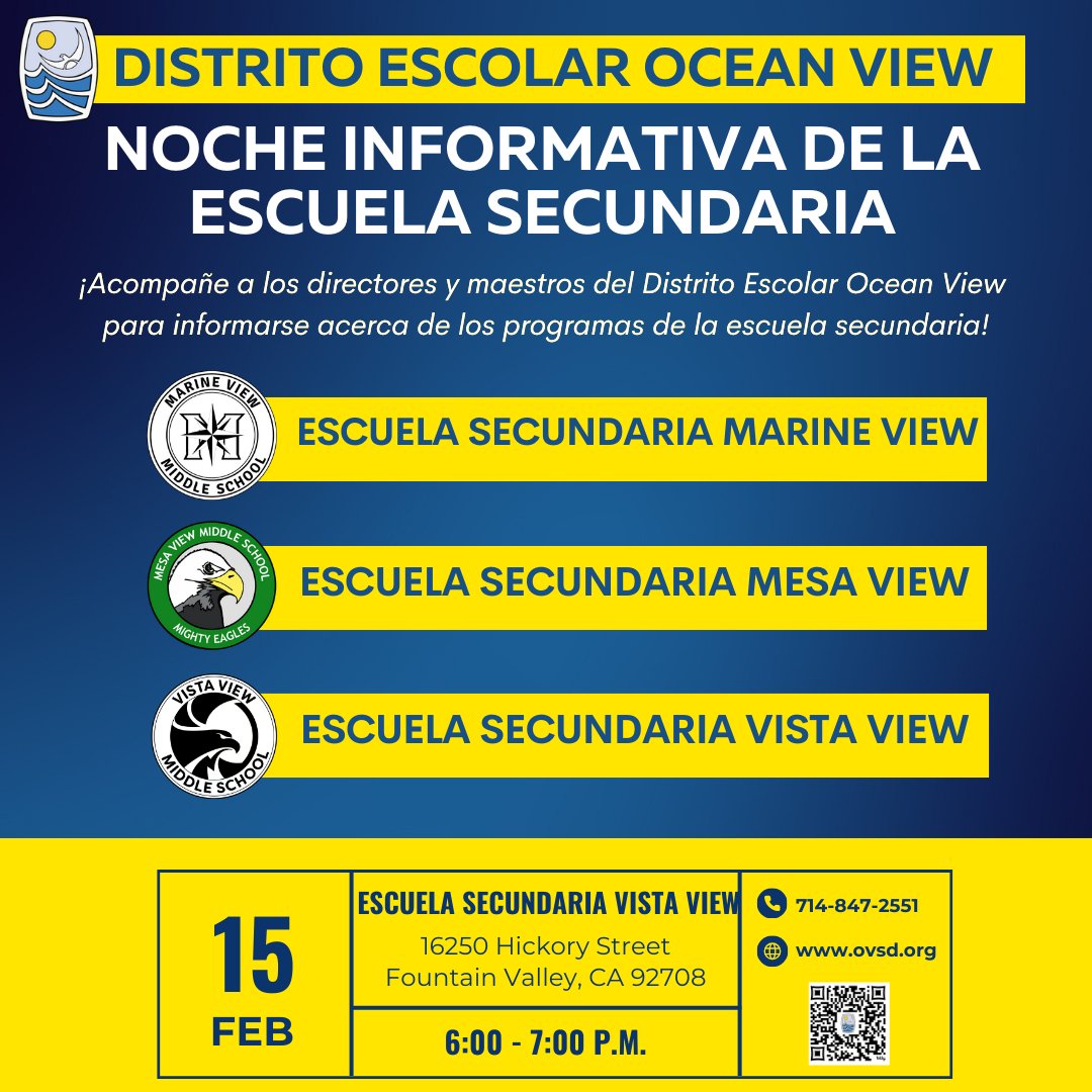 OVSDSupt's tweet image. Save the date!😀 Come learn about our amazing, award-winning middle schools and the unique programs each one offers.

📅: Thursday, February 15
⏰: 6:00 p.m.
🏫: Vista View Middle School - 16250 Hickory St, Fountain Valley, CA 92708

#OVSD #middleschool #learning #education