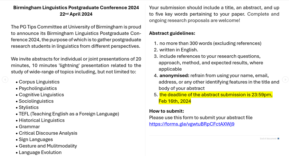 PGTipsUoB's tweet photo. Our Birmingham Linguistics Postgraduate Conference 2024 CALL FOR PAPERS!  Please find the information below. Our abstract submission DEADLINE is 23:59 pm 16/02/2024. Please submit your abstract via https://t.co/NEckNVwvYN. Look forward to your participation.@Eng_Lang_UoB https://t.co/Jv9jsLV4NZ
