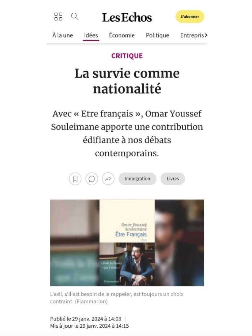 Merci au journal Les Échos pour ce papier sur Être français. 
@flammarionlivres 
#etrefrancais 
@TrangMarie1
#litterature
#france
#citoyen