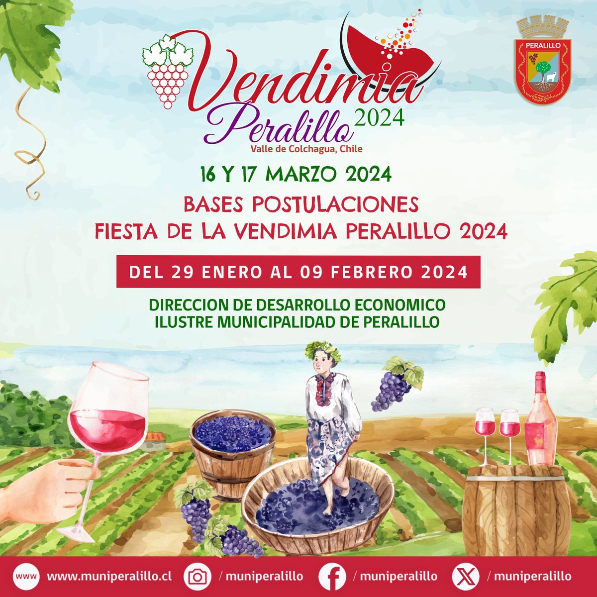 BASES FIESTA DE LA VENDIMIA PERALILLO 2024.
Te invitamos a participar como expositor, gastronomía, artesanía y más, en la Décima segunda versión de la Fiesta de la Vendimia Peralillo 2024.

Descarga las bases en: muniperalillo.cl/informaci.../b…