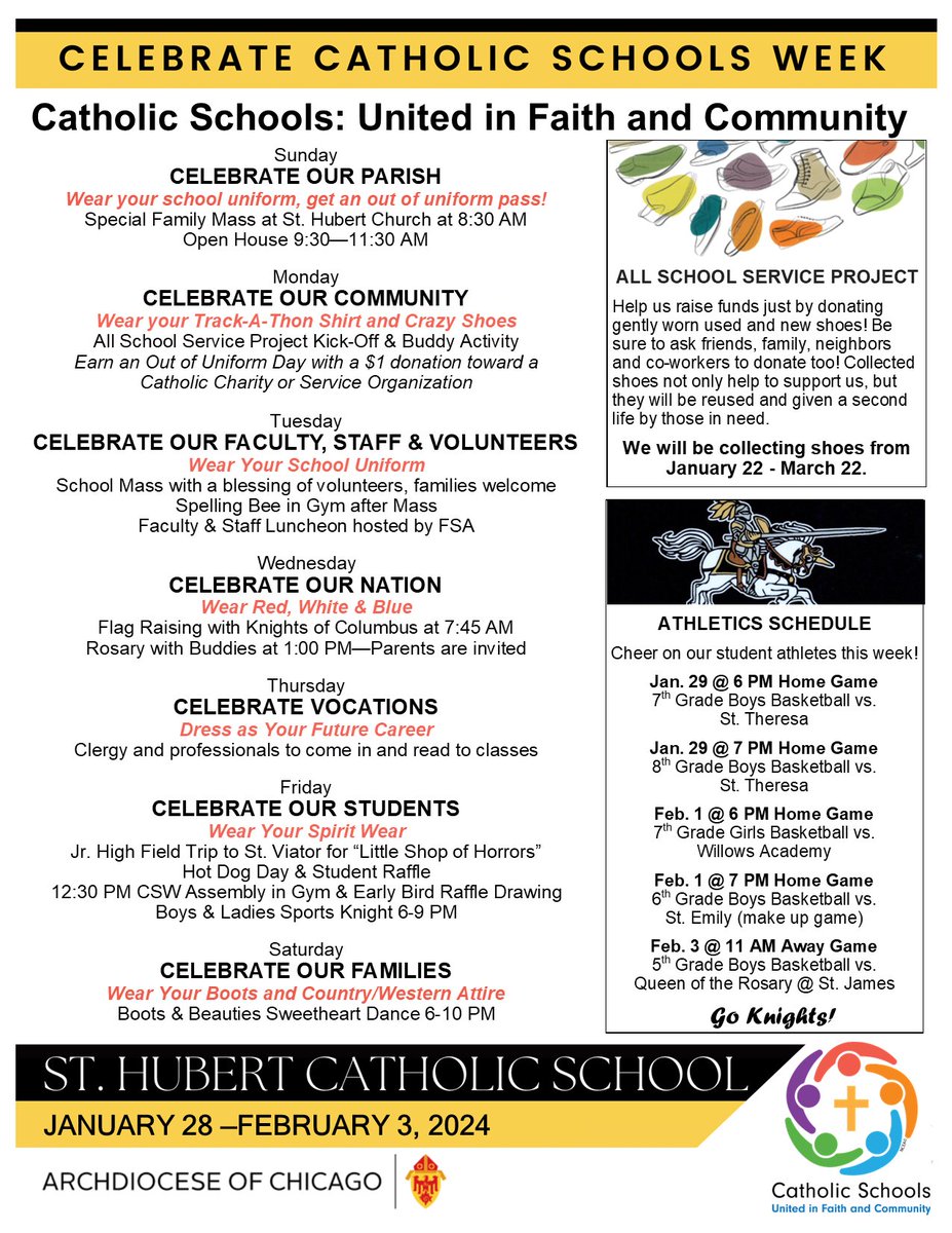 🎉 We've got a whole lineup of exciting events and activities planned to make Catholic Schools Week unforgettable! Let's come together to celebrate the values that make our  school unique! 🙌💒 #StHubertKnights #ChiCathSchools #CSW2024