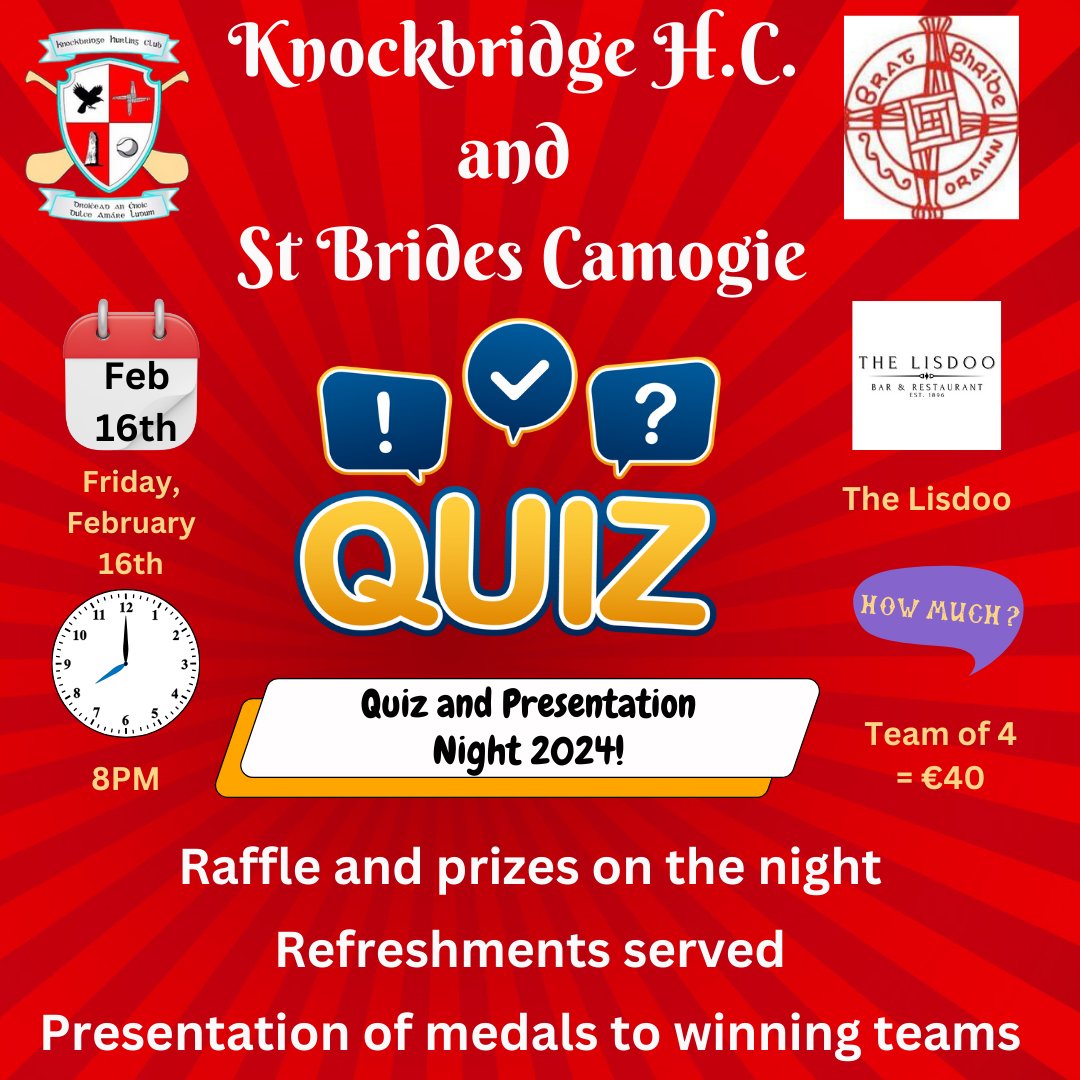 Join us & our friends St Brides Camogie for our quiz and presentation night on Friday, February 16th, at 8 pm in The Lisdoo. It promises to be a great night! #KBHC #Dundalk @DundalkDemocrat @argusnews @CorriganColm @CaoimhinReilly @louthgaa @LouthProud @LMFMRADIO RTs appreciated