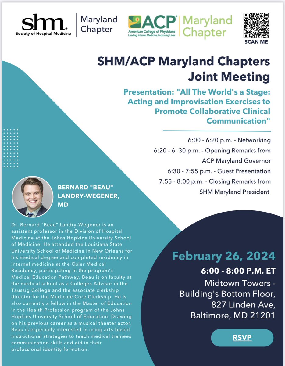 Patrick Desamours, PA-C, MBA, SFHM, (@padesamours) on Twitter photo Calling all Maryland hospitalist.
Join the <a href="/SocietyHospMed/">Society of Hospital Medicine</a> & <a href="/AcpMaryland/">ACP Maryland</a> on Feb 26th, 6PM ET, for "All The World's a Stage: Acting and Improvisation Exercises to Promote Collaborative Clinical Communication" Register now: events.eventzilla.net/e/shmacp-maryl… #SHM #ACP #MD #Healthcare Calling all Maryland hospitalist.
Join the <a href="/SocietyHospMed/">Society of Hospital Medicine</a> & <a href="/AcpMaryland/">ACP Maryland</a> on Feb 26th, 6PM ET, for "All The World's a Stage: Acting and Improvisation Exercises to Promote Collaborative Clinical Communication" Register now: events.eventzilla.net/e/shmacp-maryl… #SHM #ACP #MD #Healthcare