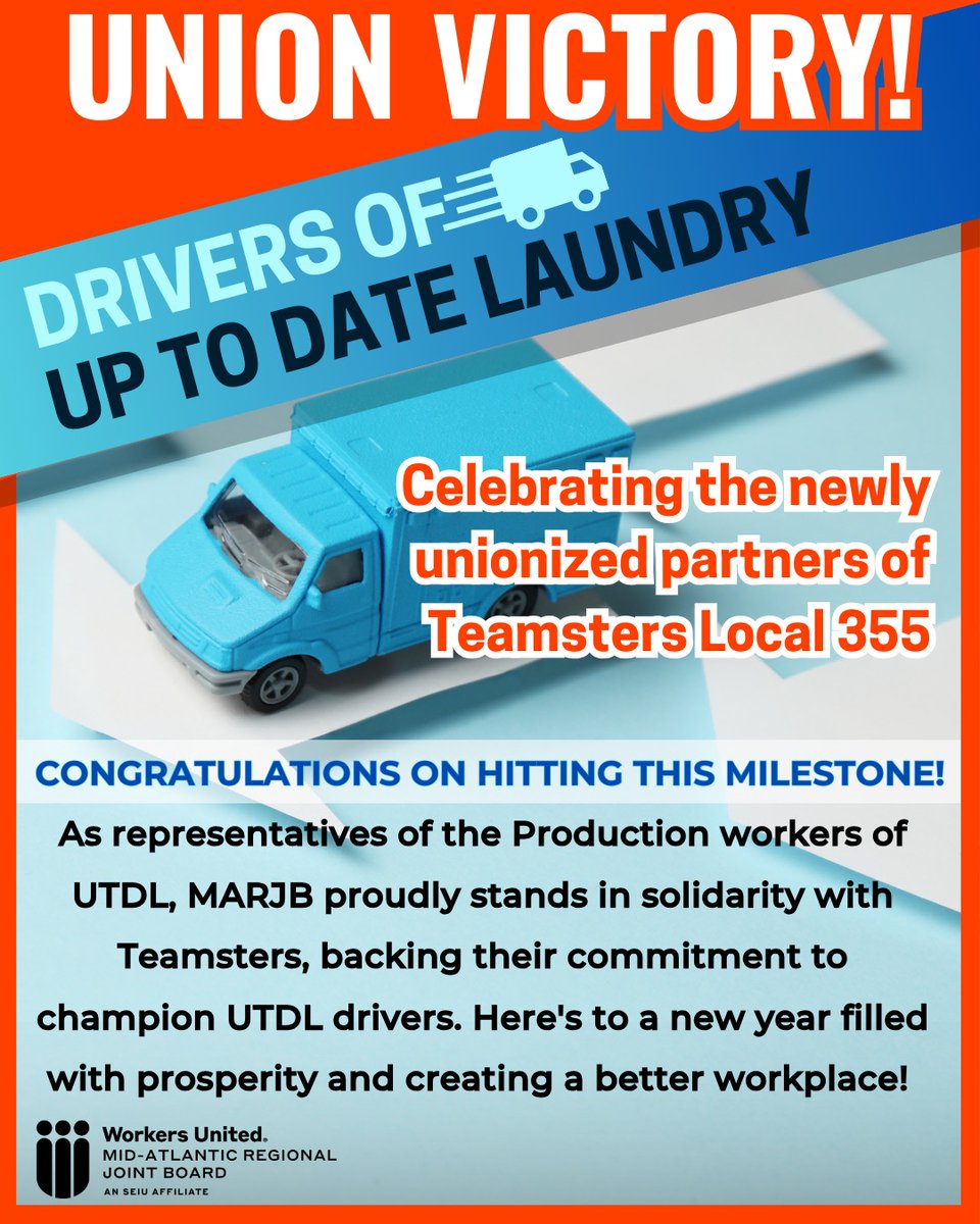 WorkersUnitedMA's tweet photo. Here's some great news to start the year! The drivers at @uptodatelaundry in Baltimore, MD, voted unanimously to join @Teamsters Local 355. Congrats on this victory! ๐
๐จ @SwampTeaArts
#teamsters #teamsterstrong #wumarjb #unionvictory #unionyes #unionstrong #solidarity #1u https://t.co/csBO44PQS3
