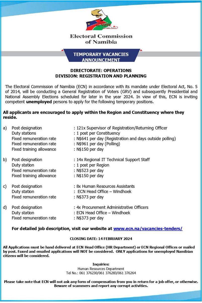 We are hiring 

Visit ecn.na/vacancies-tend… for detailed job descriptions