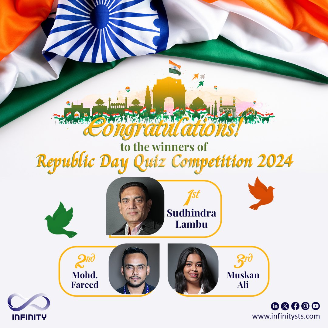InfinitySTS's tweet photo. A resounding cheer and applause to the stellar minds of our Infinity family who emerged victorious in the Republic Day Quiz 2024! ๐ฎ๐ณ๐
#InfinityFamily #RepublicDayWinners #QuizChampions #CelebrationOfUnity #Infinity #InfinitySTS https://t.co/jHfertuZ1T