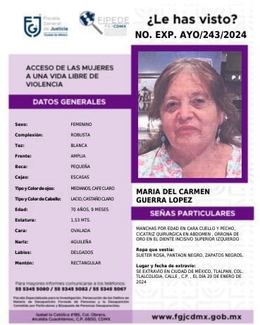 Se activa #AlertaPlateada para localizar a Doña Maria del Cármen. ¿La has visto? Por favor abre la foto y, si puedes, compártela.
Juntos podemos ayudar a que regrese a su entorno familiar.
Gracias.
#Tlalpan #CiudadDeMéxico