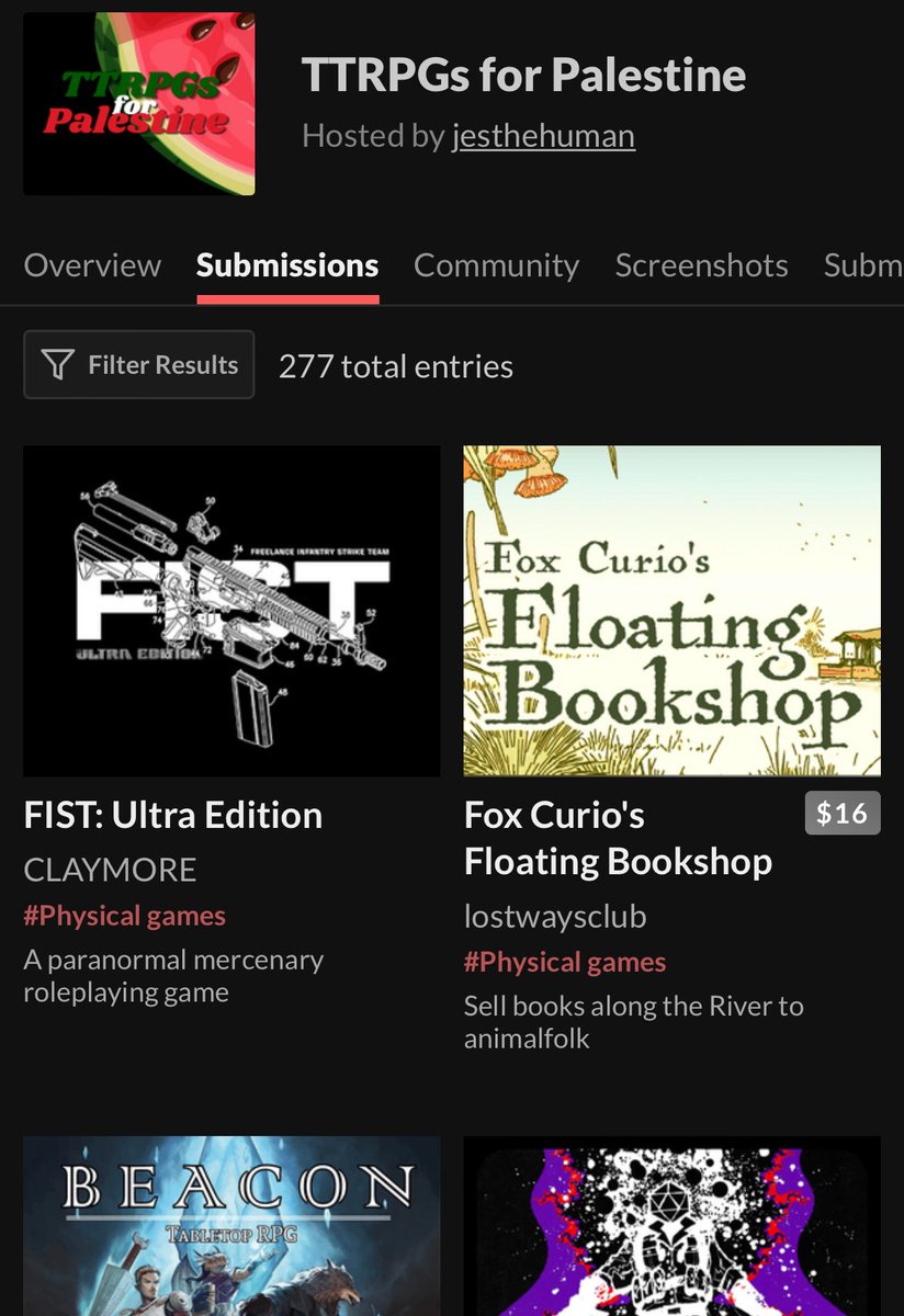 Thank you to the 168 creators that have submitted 277 TTRPGs and TTRPG supplements to the TTRPGs for Palestine game jam! 🖤 Please keep spreading the word! Submissions last until Feb 19! itch.io/jam/ttrpgs-for…
