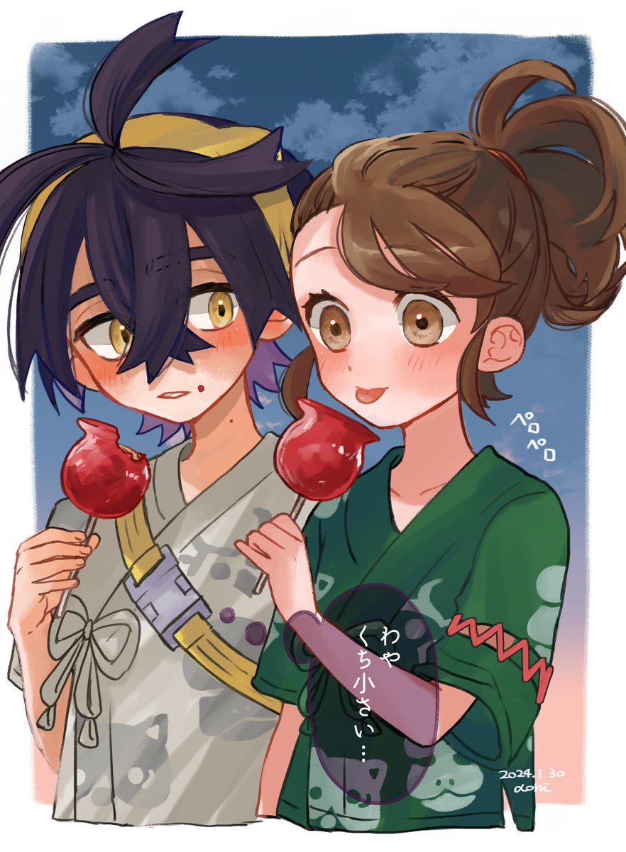 juliana (pokemon) ,kieran (pokemon) candy apple 1boy 1girl food brown hair tongue blush  illustration images